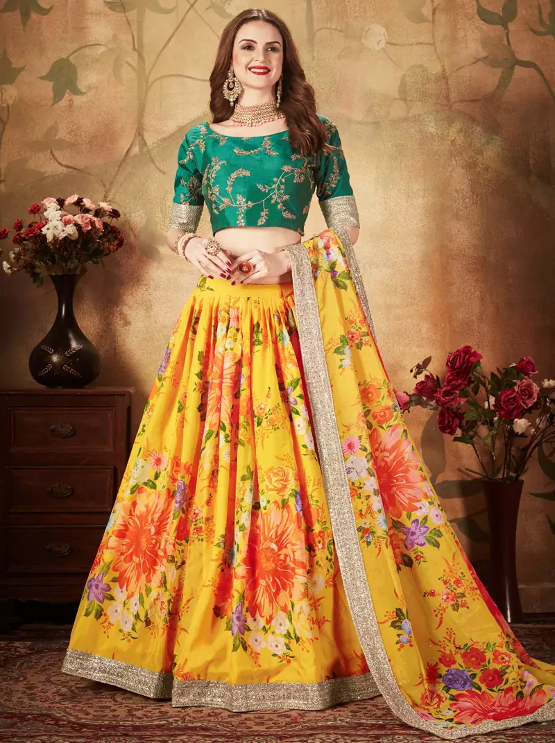 Yellow & Green Colored Dori, Zari, and Sequins embroidered & Digital Floral Printed organza party wear Lehenga