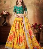 Yellow & Green Colored Dori Zari And Sequins Embroidered & Digital Floral Printed Organza Party Wear Lehenga