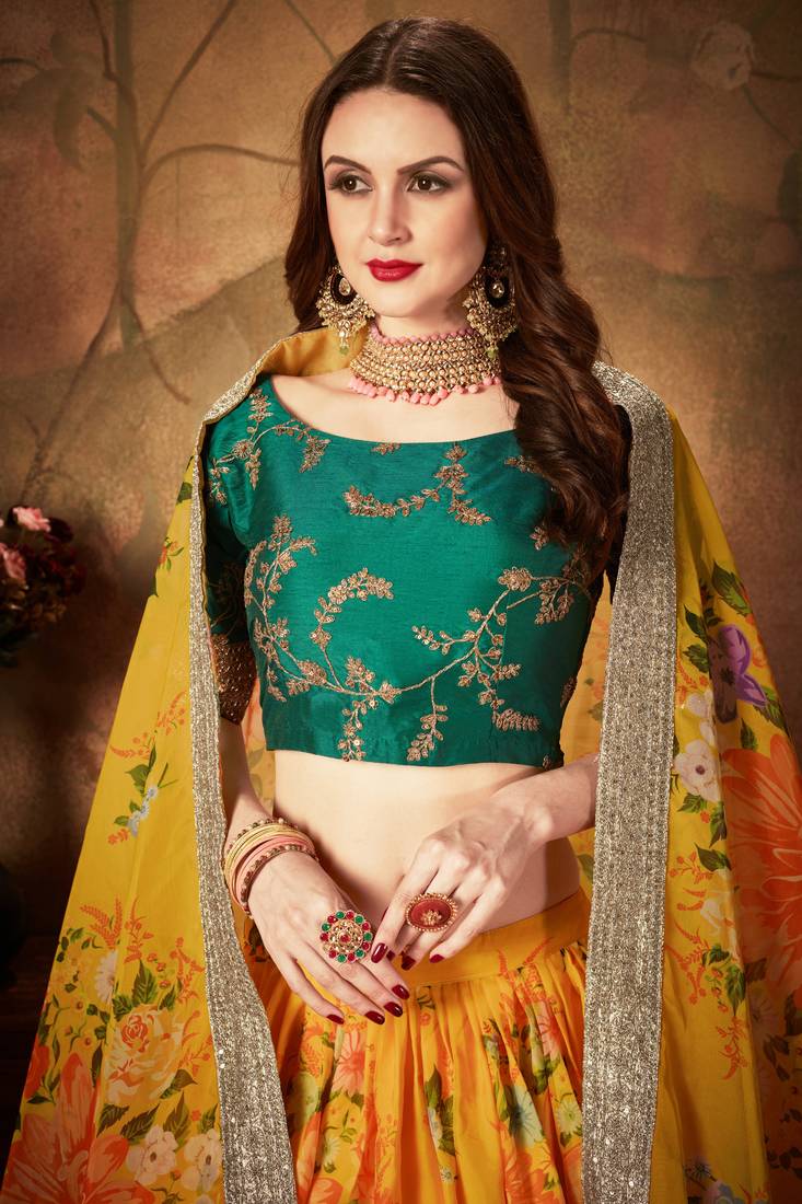 Yellow & Green Colored Dori Zari And Sequins Embroidered & Digital Floral Printed Organza Party Wear Lehenga
