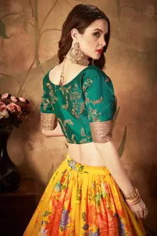 Yellow & Green Colored Dori Zari And Sequins Embroidered & Digital Floral Printed Organza Party Wear Lehenga