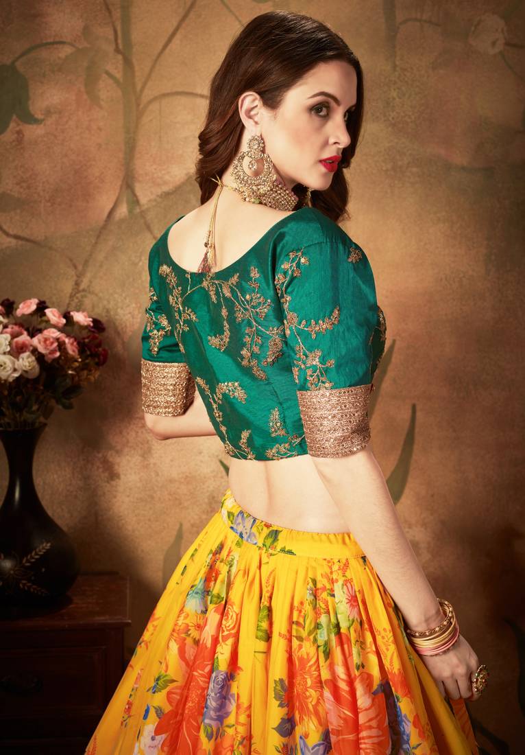 Yellow & Green Colored Dori Zari And Sequins Embroidered & Digital Floral Printed Organza Party Wear Lehenga