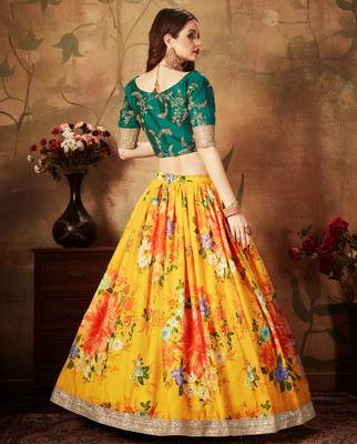Yellow & Green Colored Dori Zari And Sequins Embroidered & Digital Floral Printed Organza Party Wear Lehenga 4