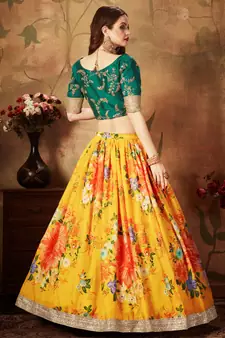 Yellow & Green Colored Dori Zari And Sequins Embroidered & Digital Floral Printed Organza Party Wear Lehenga