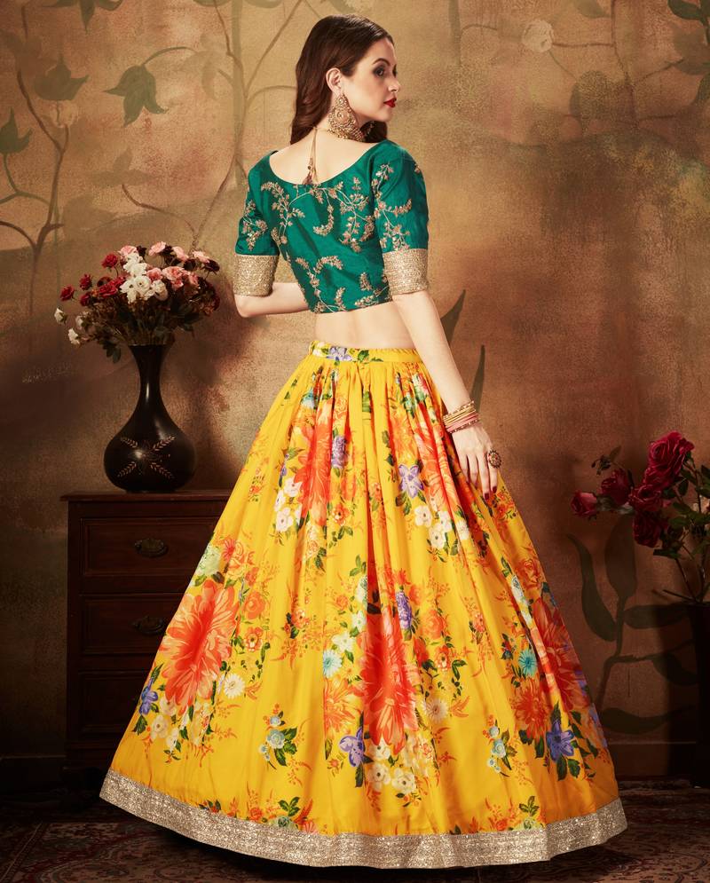 Yellow & Green Colored Dori Zari And Sequins Embroidered & Digital Floral Printed Organza Party Wear Lehenga