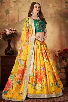 Yellow & Green Colored Dori Zari And Sequins Embroidered & Digital Floral Printed Organza Party Wear Lehenga