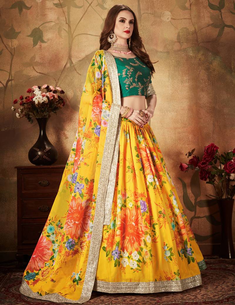 Yellow & Green Colored Dori Zari And Sequins Embroidered & Digital Floral Printed Organza Party Wear Lehenga