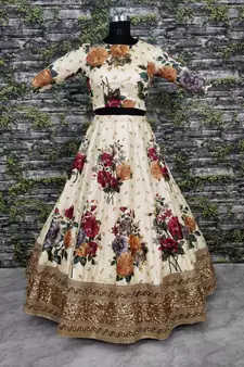 Cream Pearl Dori And Sequins Embroidered Art Silk Lehenga Choli For Festival