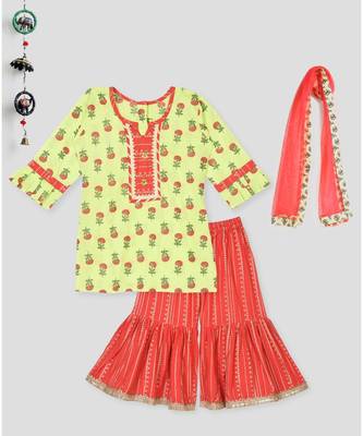 Kinder Kids Floral Printed Kurti and Stripped Printed Sharara Set - Green 1