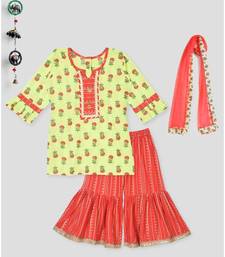 Kinder Kids Floral Printed Kurti and Stripped Printed Sharara Set - Green
