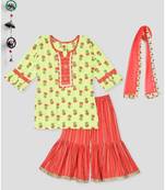 Kinder Kids Floral Printed Kurti and Stripped Printed Sharara Set - Green