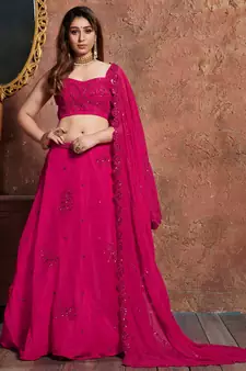 Marvelous Rani Pink Zari Sequins And Dori Embroidered Georgette Semi Stitched Lehenga