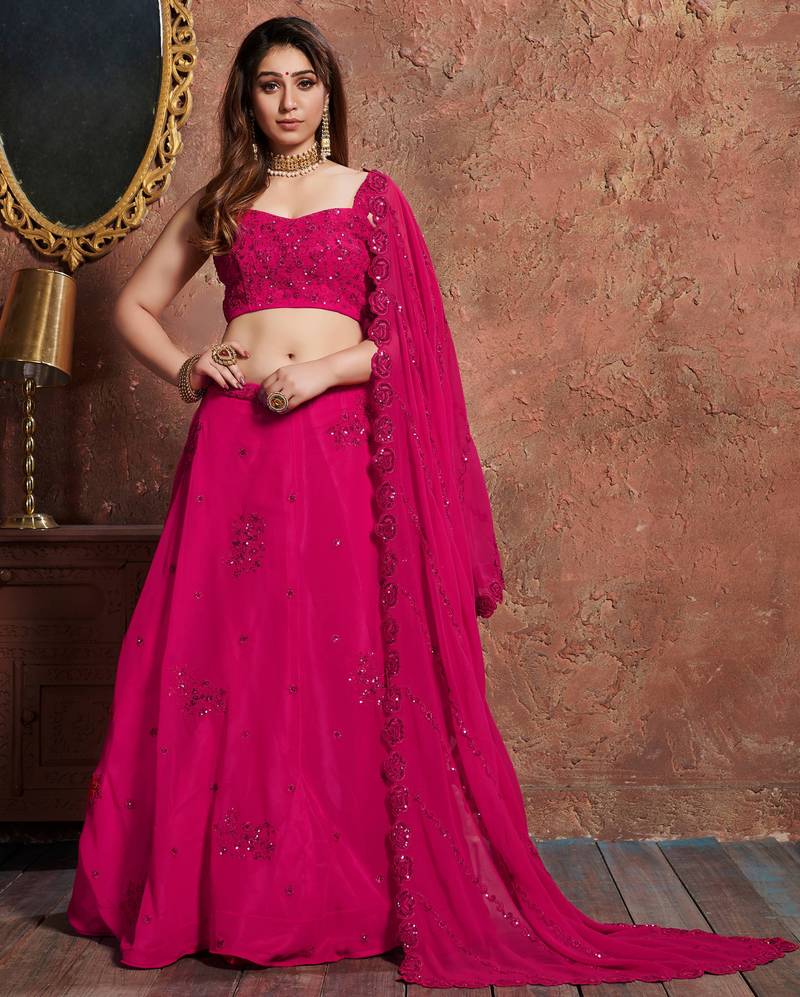 Marvelous Rani Pink Zari Sequins And Dori Embroidered Georgette Semi Stitched Lehenga