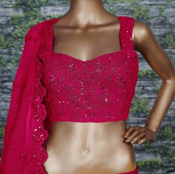 Marvelous Rani Pink Zari Sequins And Dori Embroidered Georgette Semi Stitched Lehenga 7