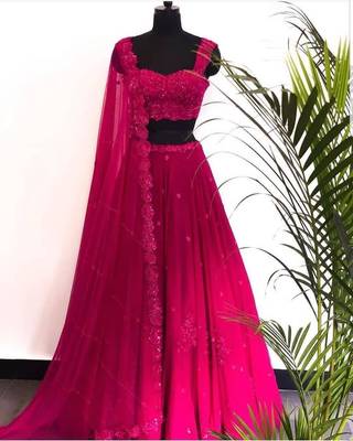 Marvelous Rani Pink Zari Sequins And Dori Embroidered Georgette Semi Stitched Lehenga 9