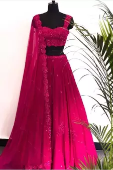 Marvelous Rani Pink Zari Sequins And Dori Embroidered Georgette Semi Stitched Lehenga