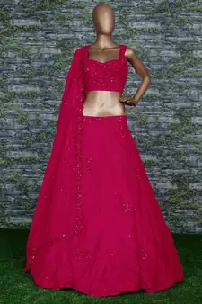 Marvelous Rani Pink Zari Sequins And Dori Embroidered Georgette Semi Stitched Lehenga