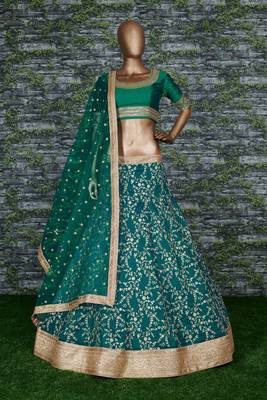Soothing Turquoise Embroidered Art Silk Semi Stitched Wedding Lehenga 6