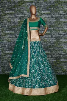 Soothing Turquoise Embroidered Art Silk Semi Stitched Wedding Lehenga
