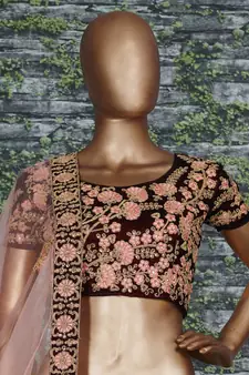Maroon Thread, Dori, and Sequins Embroidered Velvet Fabric Lehenga choli for bridal