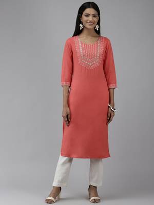 Orange embroidered cotton ethnic-kurtis 1