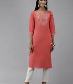 Orange embroidered cotton ethnic-kurtis