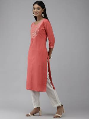 Orange embroidered cotton ethnic-kurtis 3