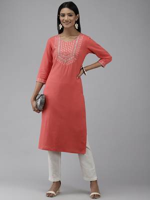 Orange embroidered cotton ethnic-kurtis 5