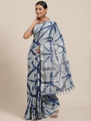 Blue printed cotton saree with blouse 1