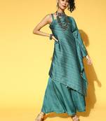 Teal plain silk ethnic-kurtis
