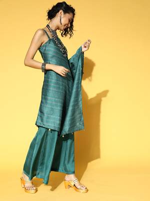 Teal plain silk ethnic-kurtis 3