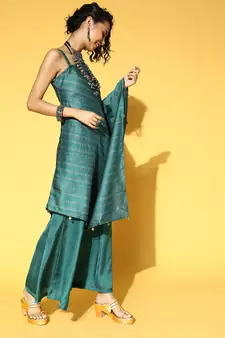 Teal plain silk ethnic-kurtis
