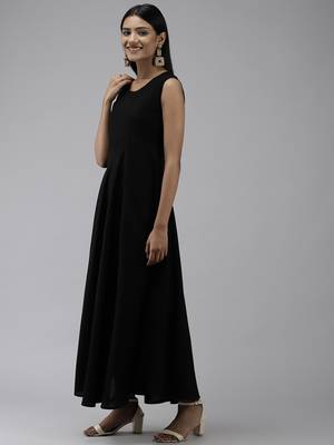 Black plain viscose rayon long-dresses 3