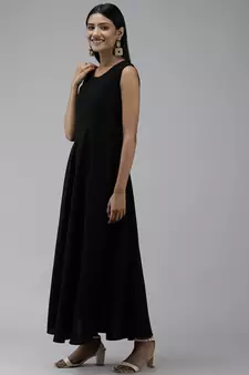 Black plain viscose rayon long-dresses
