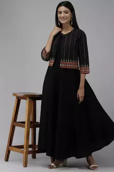 Black plain viscose rayon long-dresses