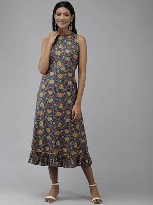 Blue printed cotton long-dresses 1