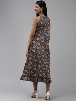 Blue printed cotton long-dresses 2