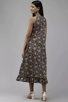 Blue printed cotton long-dresses