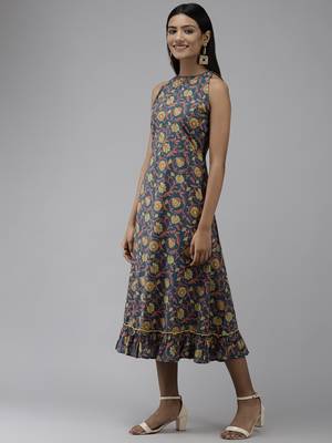 Blue printed cotton long-dresses 3