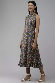 Blue printed cotton long-dresses