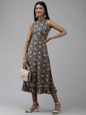 Blue printed cotton long-dresses 5