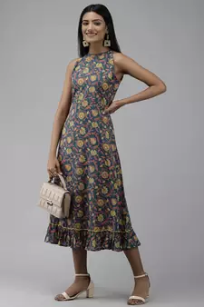 Blue printed cotton long-dresses