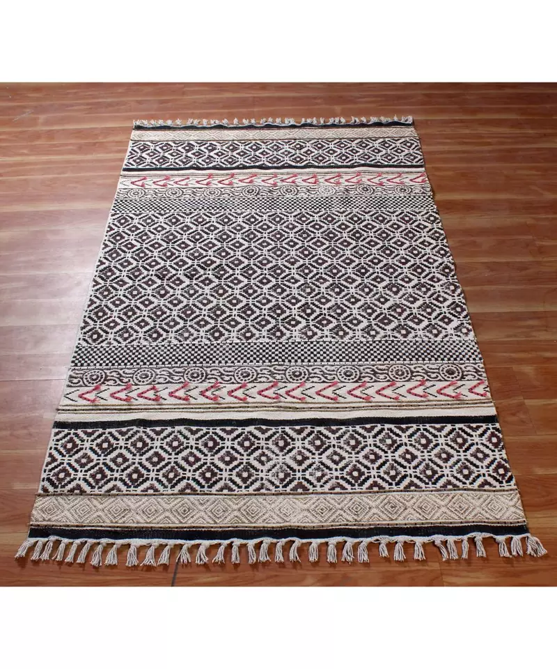 4x12 Ft Handmade Cotton Dhurrie Hand Block Printed Area Rug  Bohomian Kilims Indoor Floor decor Throw Rug