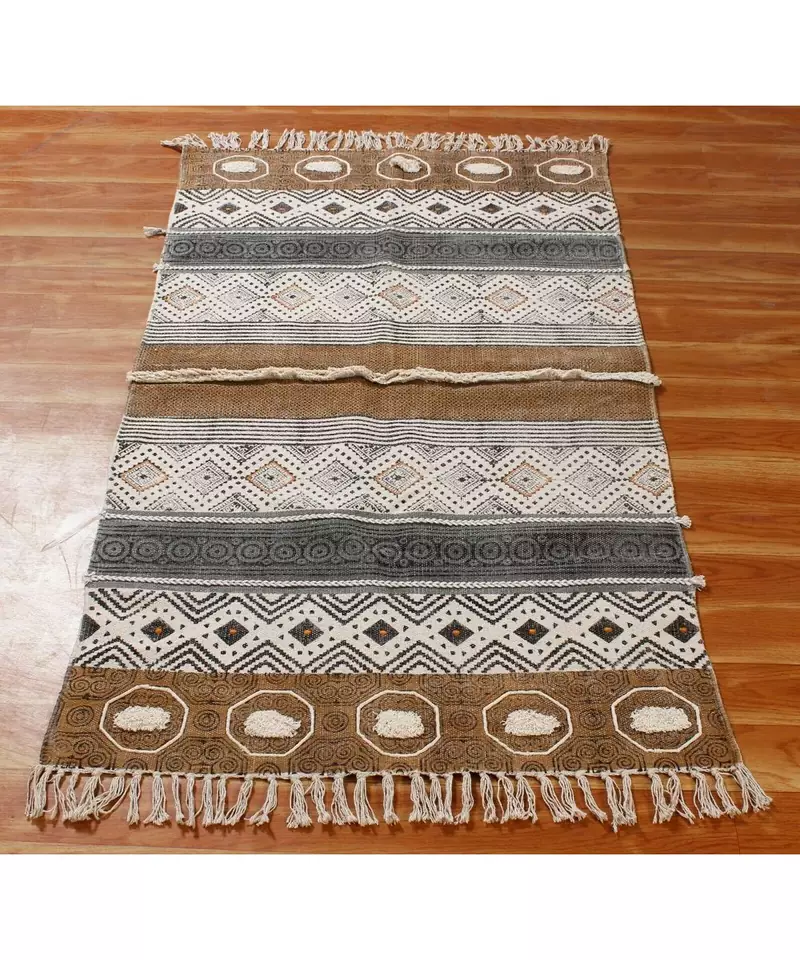 5x10 Ft Hand Made Cotton Dhurrie Area Rug Hand Block Printed Boho Kilm Flatweave Multi Color Carpet
