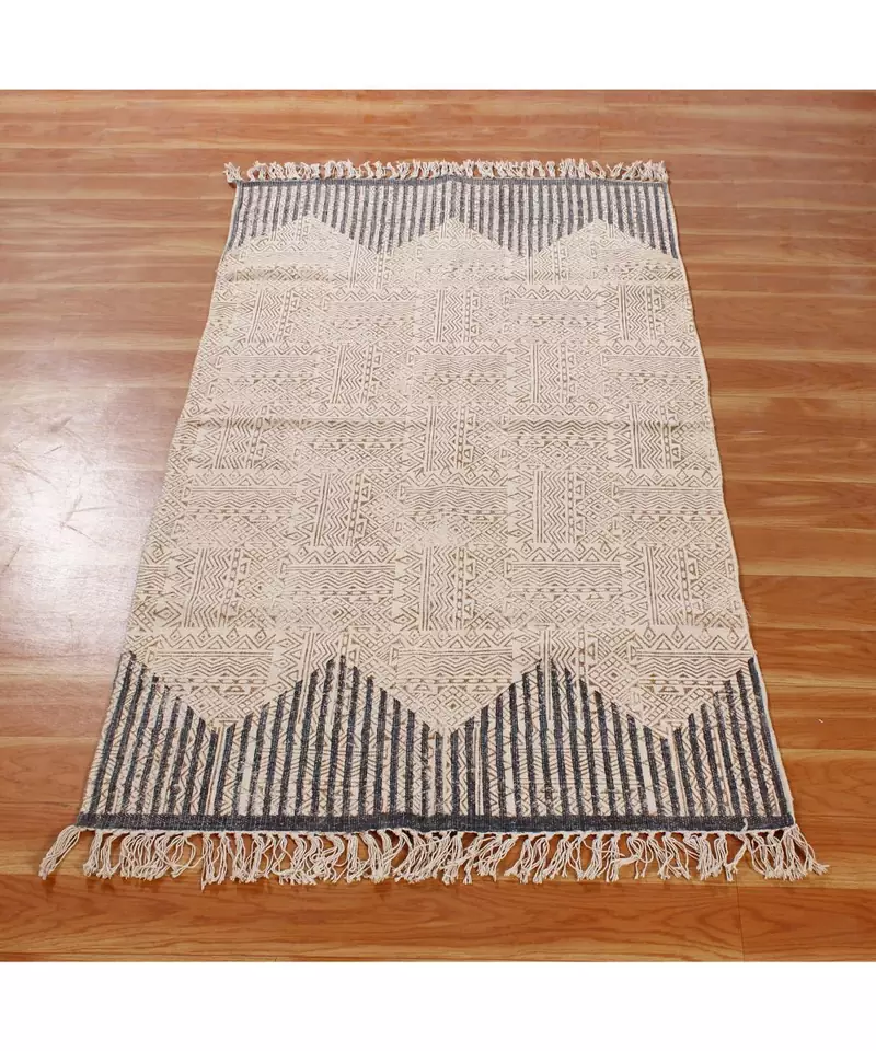 7x7 Ft Boho Rug Cotton Dhurrie Hand Made Area Rug Hand Block Printed Dhurrie Handwoven