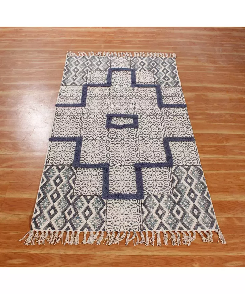 8x8 Ft Hand Block Printed Cotton Dhurrie Handmade Area Rug Morden Style
