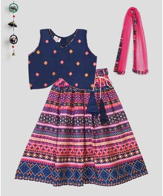 Blue printed lehenga with Blue embroidered top 1