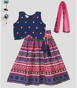 Blue printed lehenga with Blue embroidered top