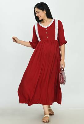 Maroon printed rayon long-dresses 1