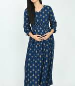 Teal blue printed rayon long-dresses