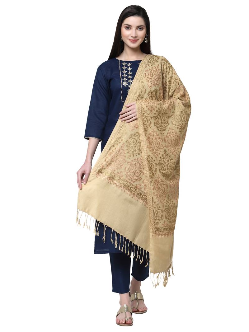 Anekaant Beige Paisely Embroidered Acro Wool Shawl